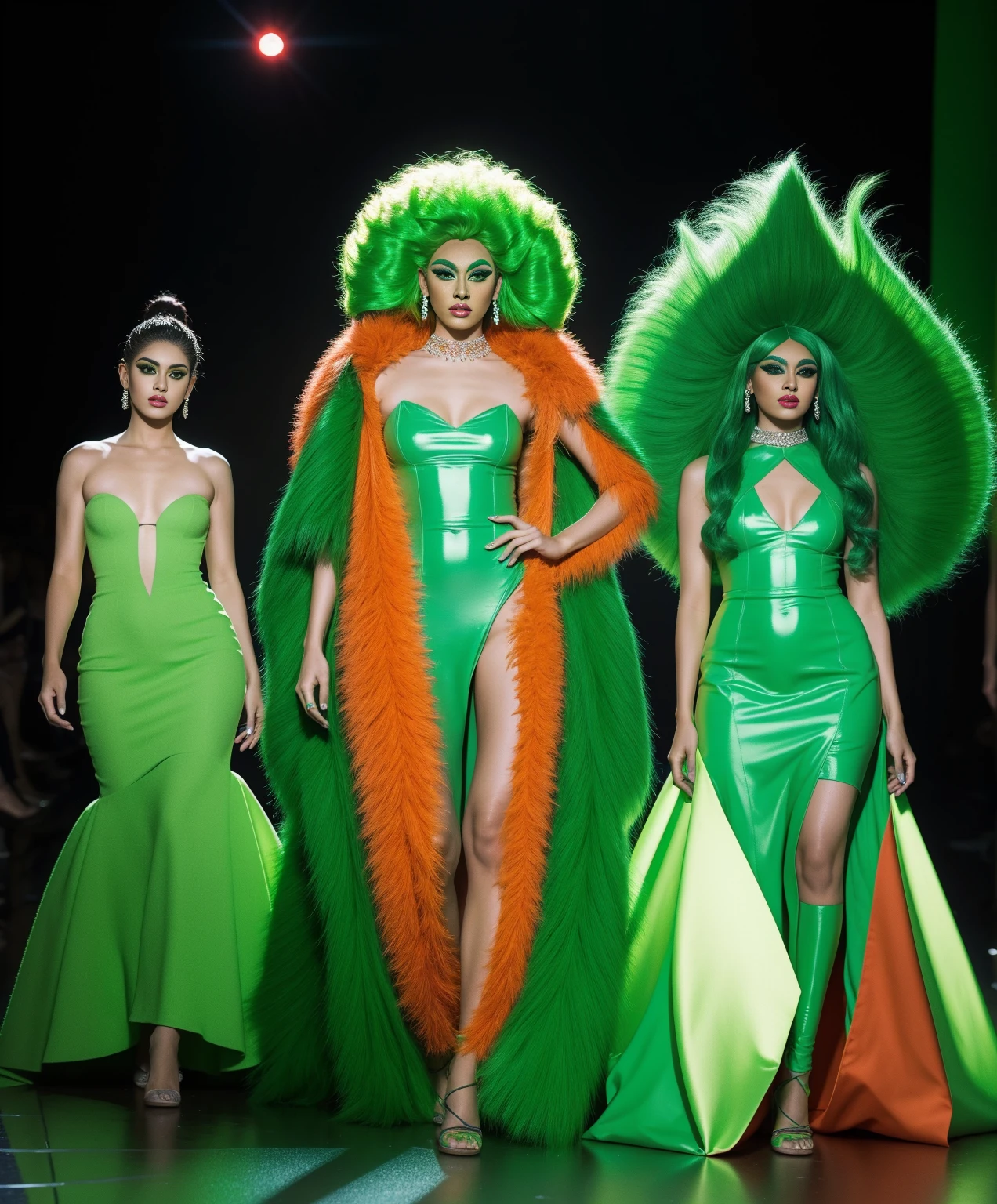 drag queens wearing veridian green dress to the knee disproportional giant red mullet wig full body shot jewelry makeup green lighting neon lit background backdrop contemporary unusual design fashion runway
