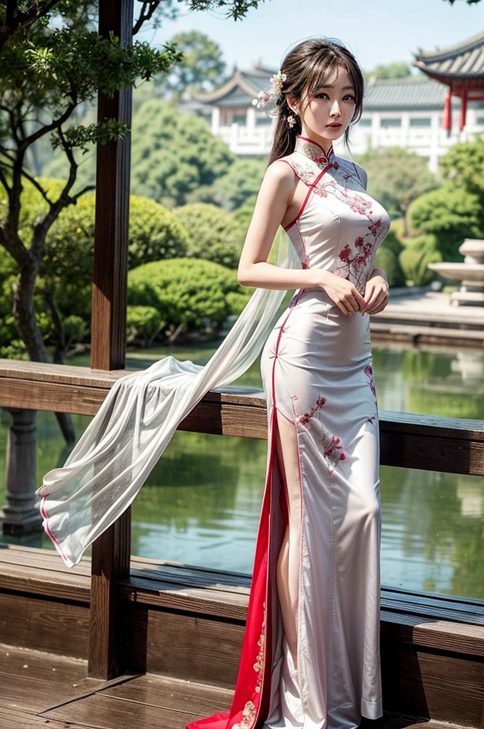 Create a highly detailed and elegant Cheongsam (Qipao) design. The dress should feature intricate floral embroidery, traditional Chinese patterns, and a high collar. The fabric should be silky and glossy, with a rich, deep red color that symbolizes good fortune. Add gold accents and trim to enhance the luxurious feel. The Cheongsam should be form-fitting, highlighting the wearer's figure gracefully, with side slits for ease of movement. Include delicate buttons along the side and an overall sophisticated, timeless look.
Place the model wearing the Cheongsam in a beautiful background setting. The background should feature a traditional Chinese garden with blooming cherry blossoms, a tranquil pond with koi fish, and a graceful arched bridge. Add elements like lanterns hanging from trees and a pagoda in the distance to complete the scene. Ensure the lighting is soft and warm, creating a serene and enchanting atmosphere.