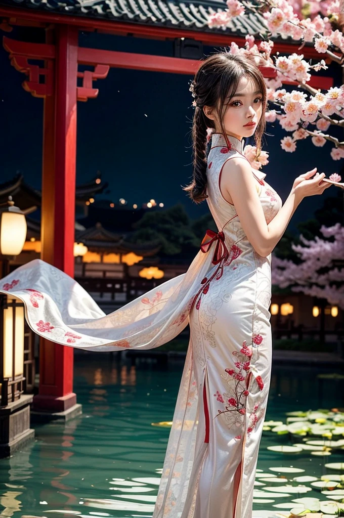 Create a highly detailed and elegant Cheongsam (Qipao) design. The dress should feature intricate floral embroidery, traditional Chinese patterns, and a high collar. The fabric should be silky and glossy, with a rich, deep red color that symbolizes good fortune. Add gold accents and trim to enhance the luxurious feel. The Cheongsam should be form-fitting, highlighting the wearer's figure gracefully, with side slits for ease of movement. Include delicate buttons along the side and an overall sophisticated, timeless look.
Place the model wearing the Cheongsam in a beautiful background setting. The background should feature a traditional Chinese garden with blooming cherry blossoms, a tranquil pond with koi fish, and a graceful arched bridge. Add elements like lanterns hanging from trees and a pagoda in the distance to complete the scene. Ensure the lighting is soft and warm, creating a serene and enchanting atmosphere.