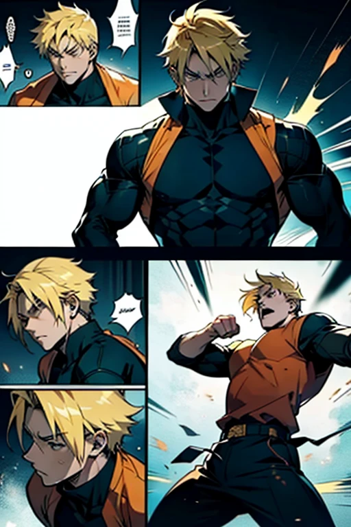 Anime guy with blonde hair fighting and losing, manga page with panels and dialogue  