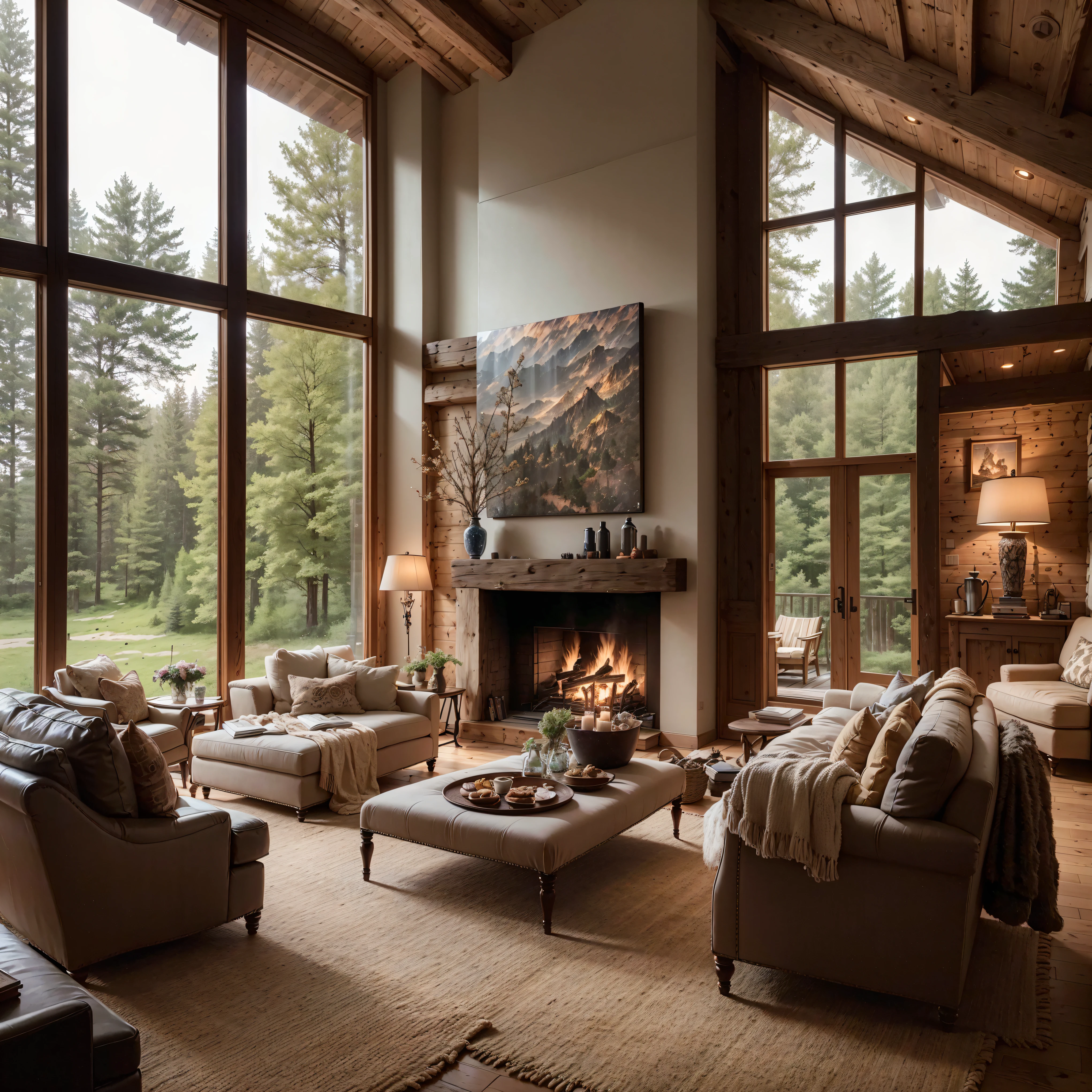 THIS EVENING WOODEN CABIN LIVING ROOM ANIME BACKGROUND, (COZY ATMOSPHERE), (SUBTLE LIGHTING), BRIGHT STONE FIREPLACE FIRE, LIONSKIN RUG THIS EVENING BEST QUALITY, TRANSPARENT GLASS WINDOWS