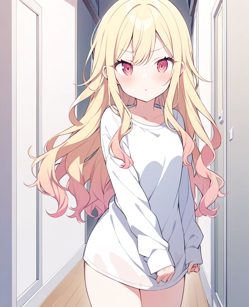 One girl,alone,Tenma Saki, body type,Yellow Hair,Red Eyes,project sekai,long hair,cute,cute,nsfw,shirt,corridor,Don Be Wall