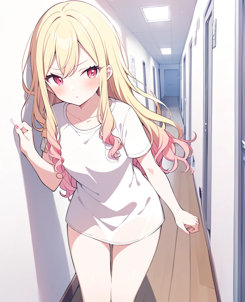 One girl,alone,Tenma Saki, body type,Yellow Hair,Red Eyes,project sekai,long hair,cute,cute,nsfw,shirt,corridor,Don Be Wall
