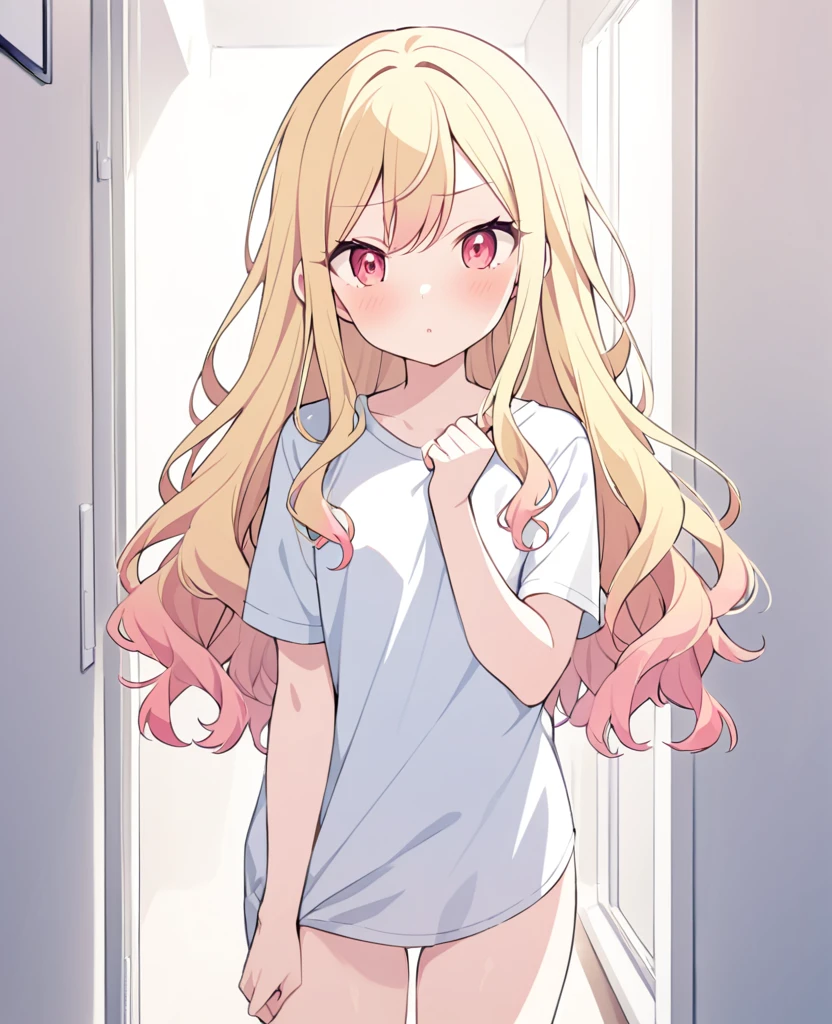 One girl,alone,Tenma Saki, body type,Yellow Hair,Red Eyes,project sekai,long hair,cute,cute,nsfw,shirt,corridor,Don Be Wall