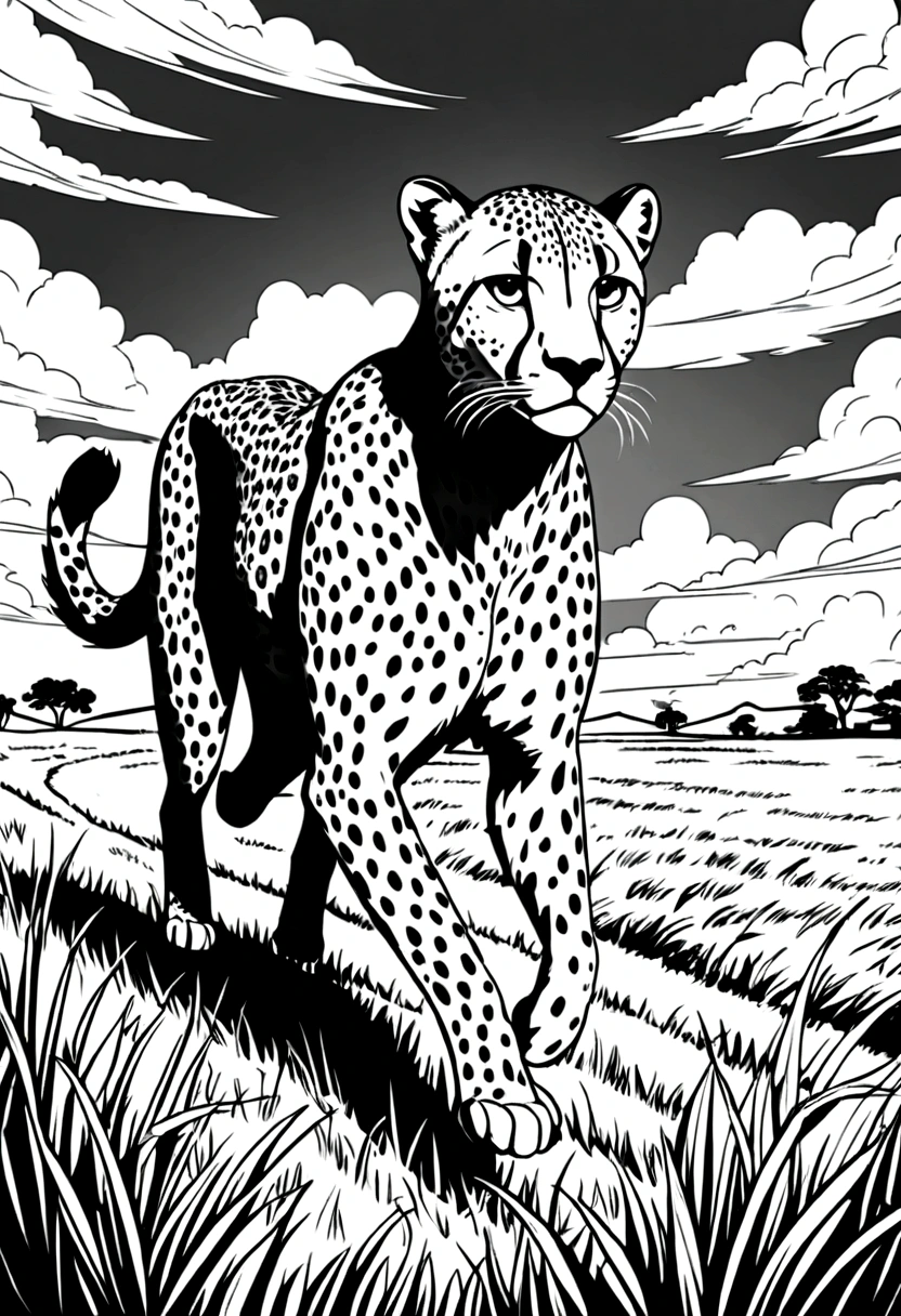 grassland，Running cheetah，，Black and white line drawing，Line Art