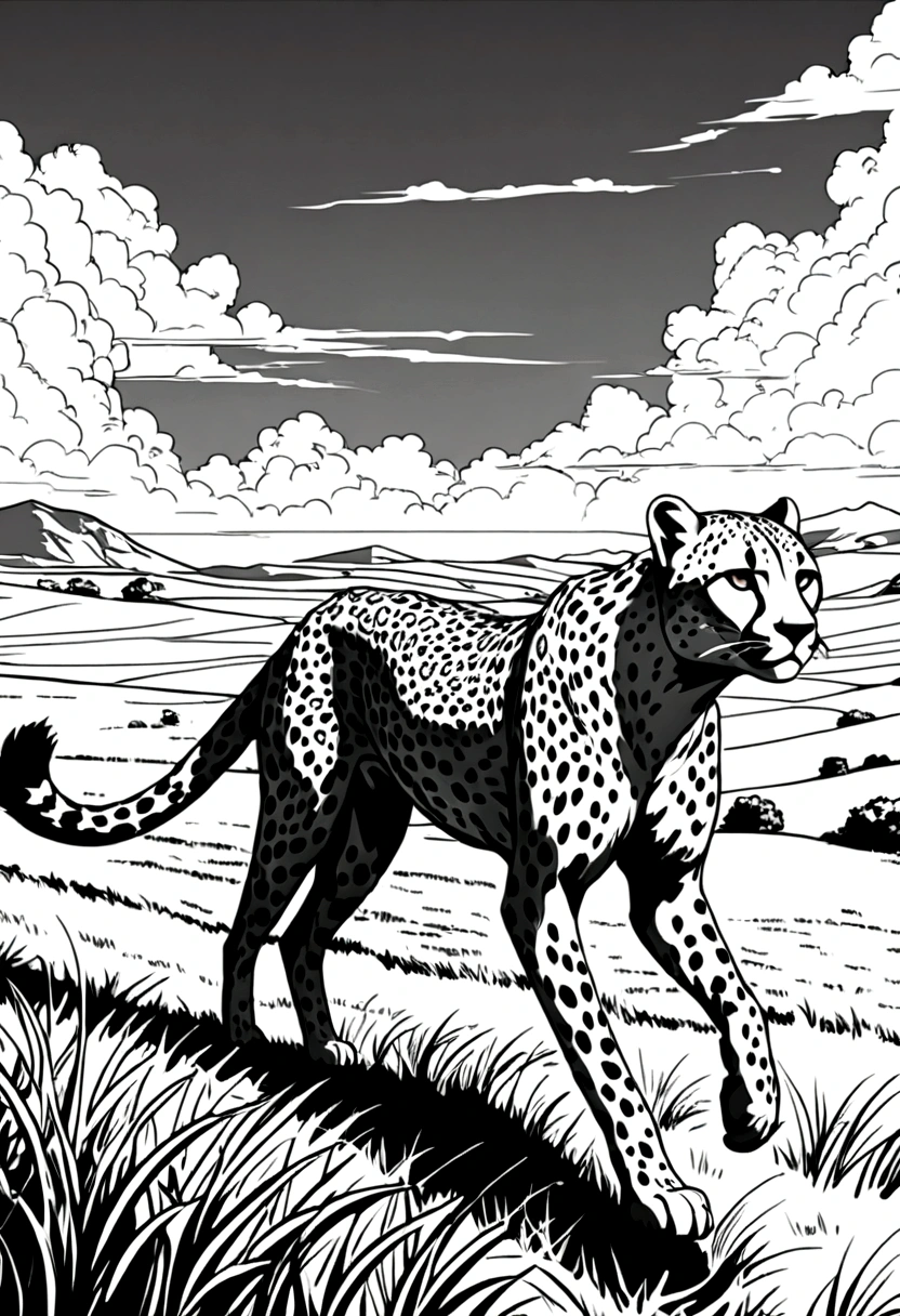 grassland,Running cheetah,,Black and white line drawing,Line Art