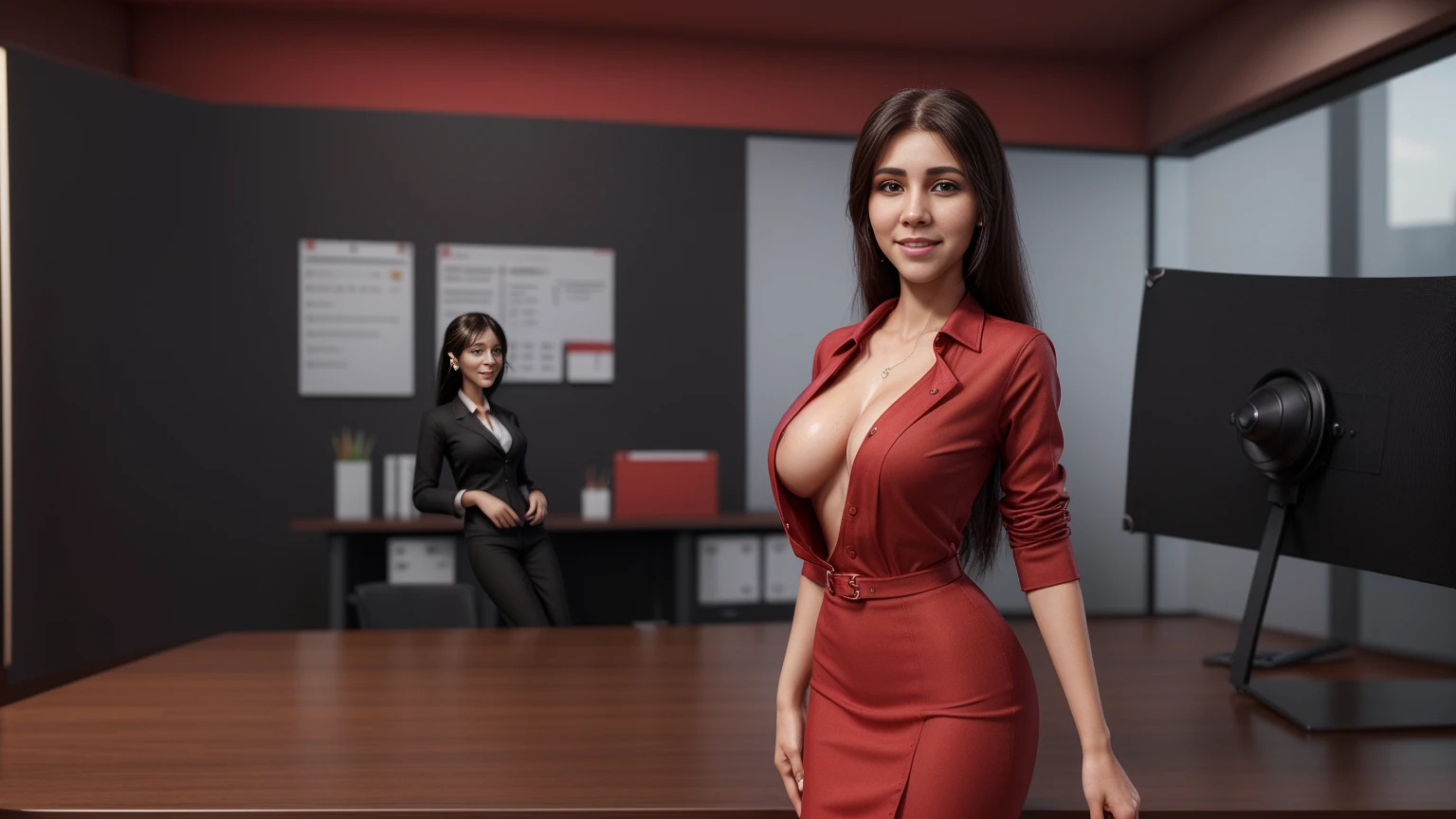 a friendly customer service representative, expressive eyes, full smile, professional attire, office setting, 8k, masterpiece, RAW photo, best quality, photorealistic, extremely detailed CG unity 8k wallpaper, Depth of field, Cinematic Light, Lens Flare, Ray tracing, (extremely beautiful face, beautiful lips, beautiful eyes), intricate detail face, ((ultra detailed skin)), ((1girl:1.9)), ((alone:1.9)), ((19years old)), (big smile;1.4), (beautiful and aesthetic:1.2), deep shadow, (sharp focus), [(((Raiana-Elizabeth-Dilla:1.9)))], pretty girl, (very slim slender fit-muscled body:1.9), (((business-style fashion:1.9))), (((stylish ((red:1.5)) clothes))), (((modern office background:1.9))), (shiny skin), clear eyes, (pale skin), ((whole-body-view:1.9)), ((full-body:1.9, cinematic shot)), soft lighting, (flowing dark-black hair), (looking at viewer:1.8),  ((beautiful legs:1.2)), (large breasts:1.1), highly detailed, ultra realistic, extremely detailed and realistic ((red:1.5)) clothes.