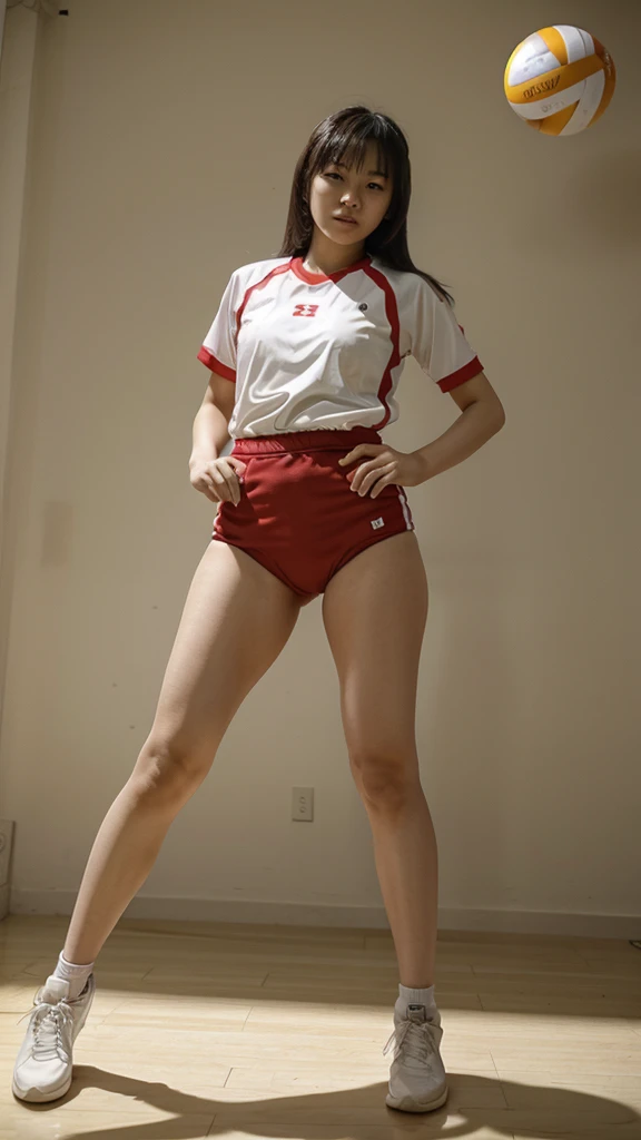 asian woman in volleyball uniform, full body, standing, 80s style