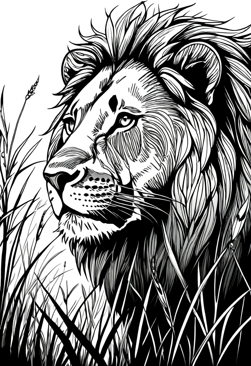 grassland,lion,Black and white line drawing,Line Art