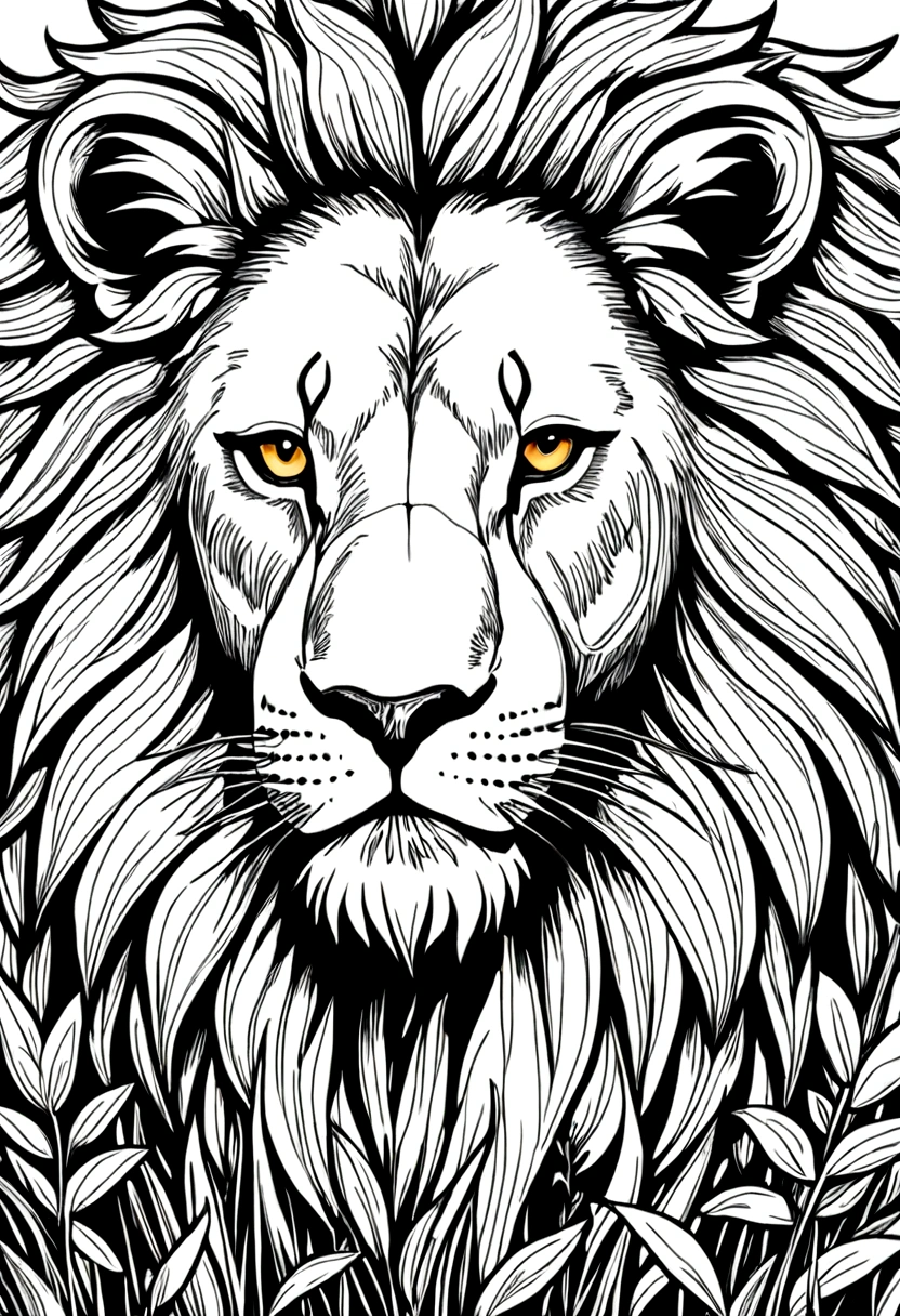 grassland，lion，Black and white line drawing，Line Art