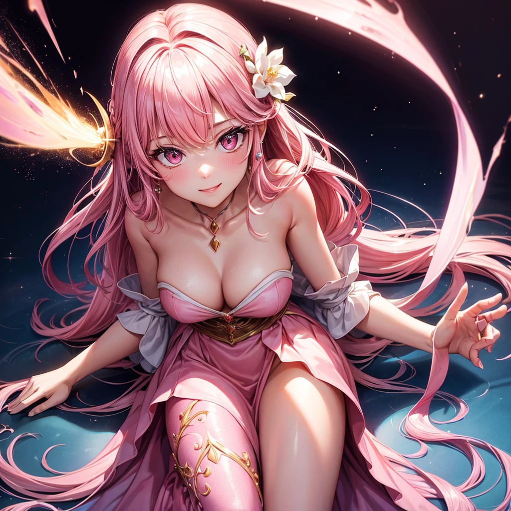 Imagine a vibrant poster with the movie title in elegant letters across the top. At the center, the princess is in the spotlight, wearing a stunning pink dress that flows gracefully to the floor. Her long pink hair falls in soft waves over her shoulders., and your pink eyes shine with a magical light. Your skin is pure white, almost luminous, contrasting with her perfect pink lips that boast a charming smile. Ao redor dela, subtle details of the kingdom hint at an epic adventure to come. The poster radiates a sense of perfection and wonder, inviting everyone to discover the story of the perfect princess.
