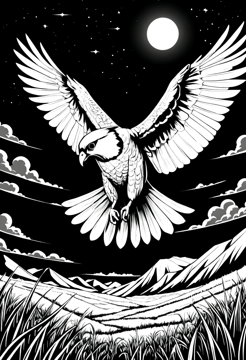 Bird's-eye view,grassland,Flying falcon,Black and white line drawing,Line Art