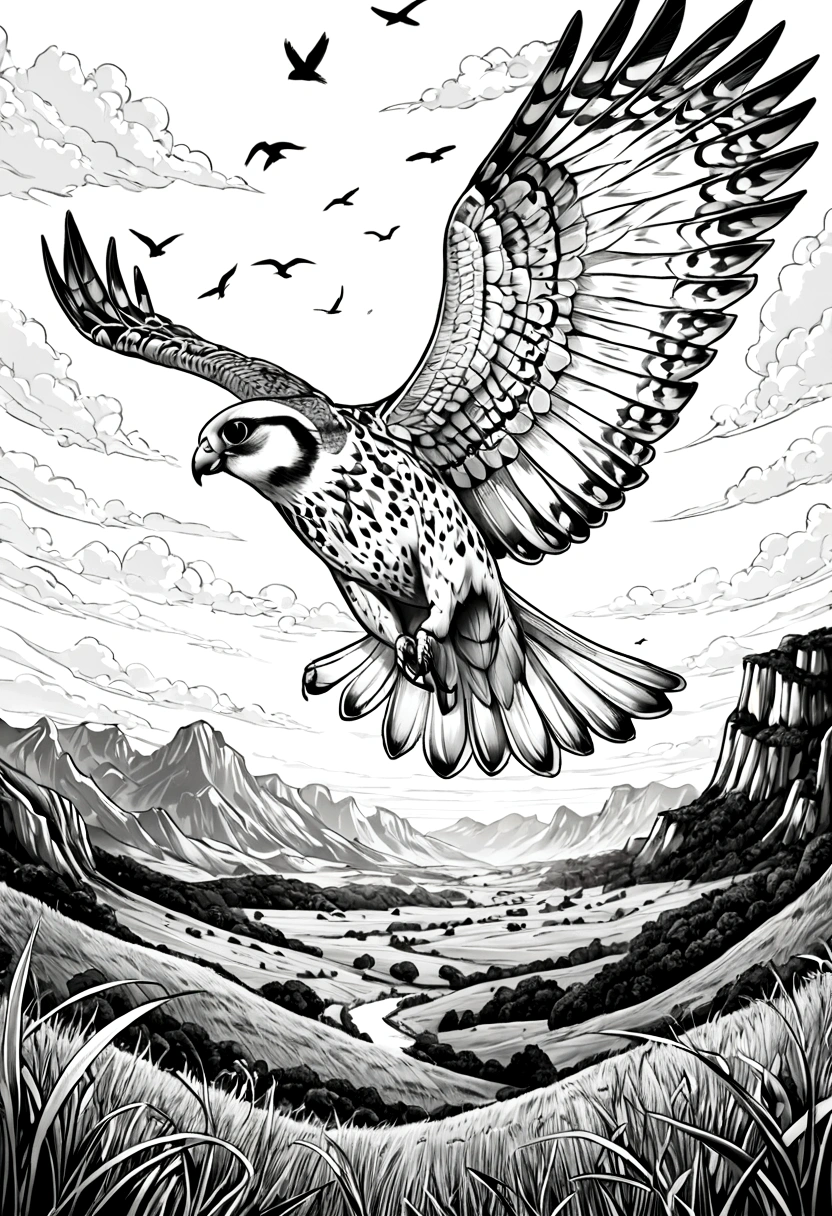 Bird's-eye view,grassland,Flying falcon,Black and white line drawing,Line Art