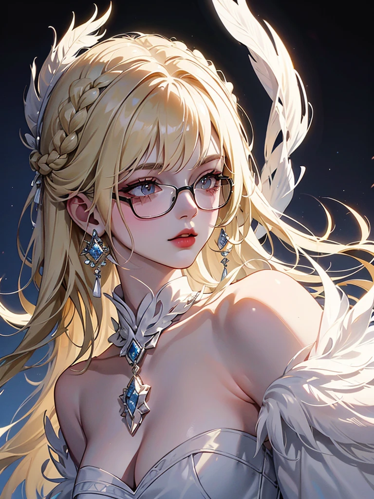 comic style, front angle shot, 1woman, fair skin, (faceless:1.2), 70s feathered hair blonde, black thin cateye shaped glasses, diamond encrusted necklace, diamond encrusted earrings, white art decor feather headpiece, long white feather boa, 80s silver clubbing dress, white sleeve gloves, standing, tormented, shadow, black shadowy aura, dark shadowy figure, hiding behind 1woman, dark gloomy alleyway, depressing