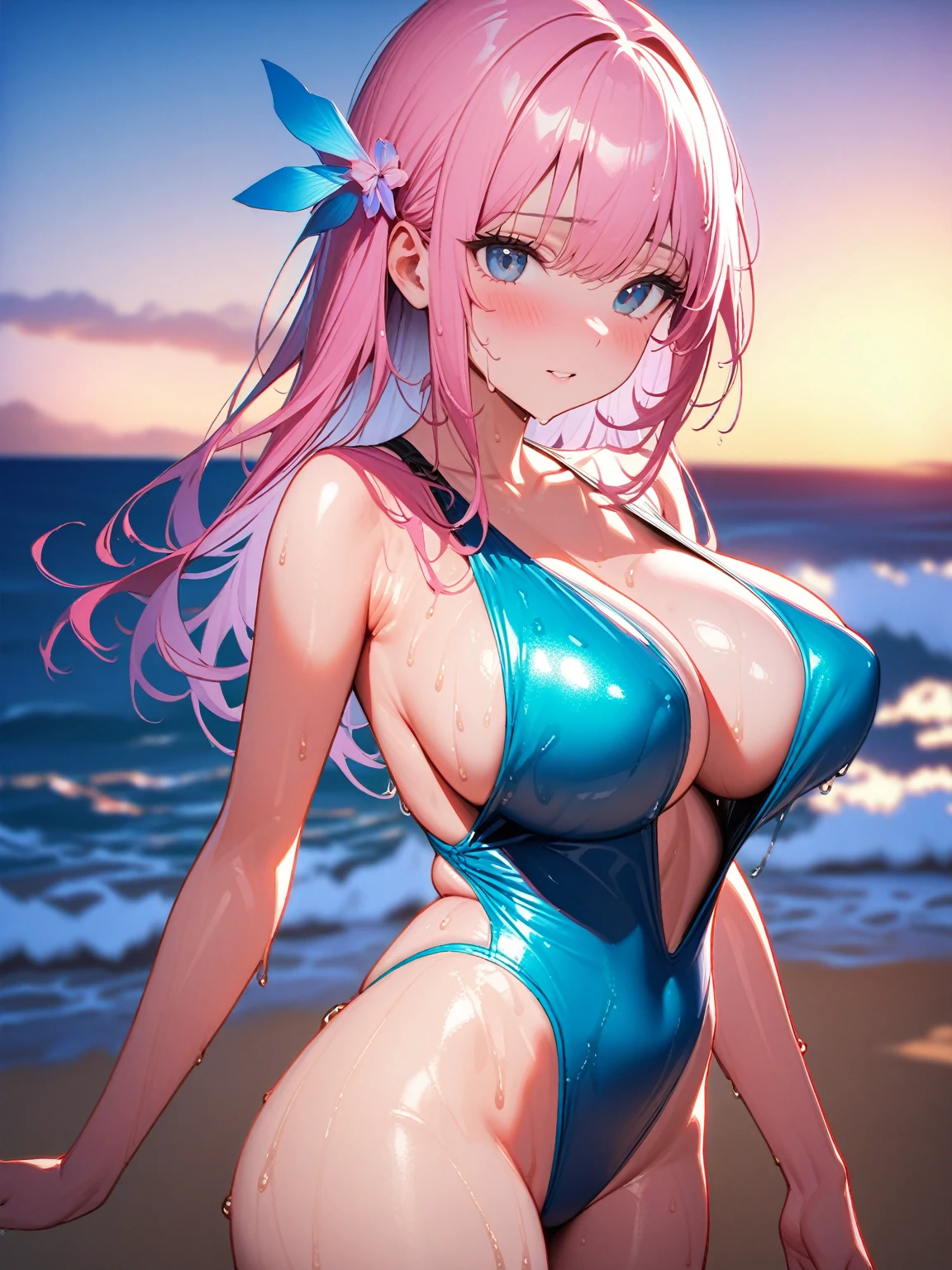 (nsfw,)(gotou hitori,pink hair,hair ornament),((solo girl)),((Perfect body,))((Super beautiful,))((High quality,))((Heavy breathing,sweat, Sweaty and wet all over,)),backlit,shiny glossy,big breast, Looking at Viewer,((Beach side,sexual swimsuit, cowboy shot,)),shyly,nipple,(Show off your crotch by opening your crotch in a crouching posture,)squatting and straddling,After sunburn,((Turning your back to me, sticking out your butt,))((She turns around with her back to me, sticking out her butt,from back view,Directly behind,))