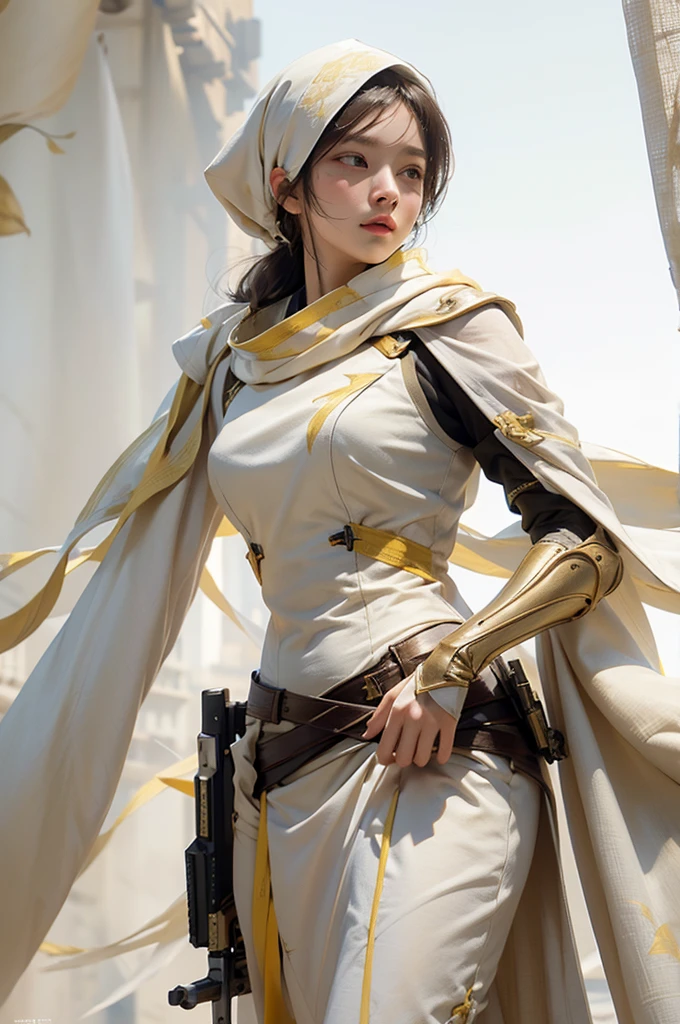 Female Assassin Yellow and white Cloth design, detailed fabrics, Whole Body, on white background (natural skin texture, hyperrealism, soft light, sharp)