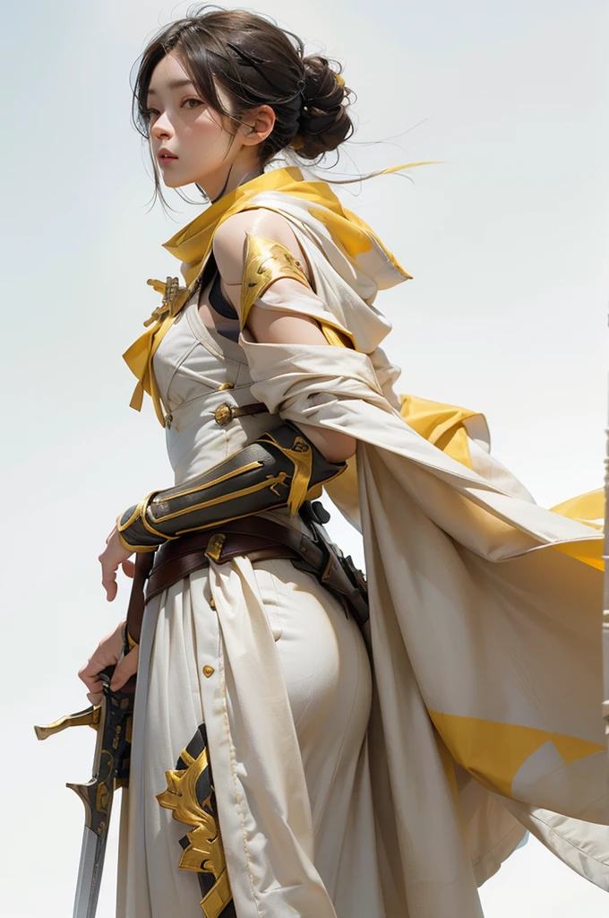 Female Assassin Yellow and white Cloth design, detailed fabrics, Whole Body, on white background (natural skin texture, hyperrealism, soft light, sharp)