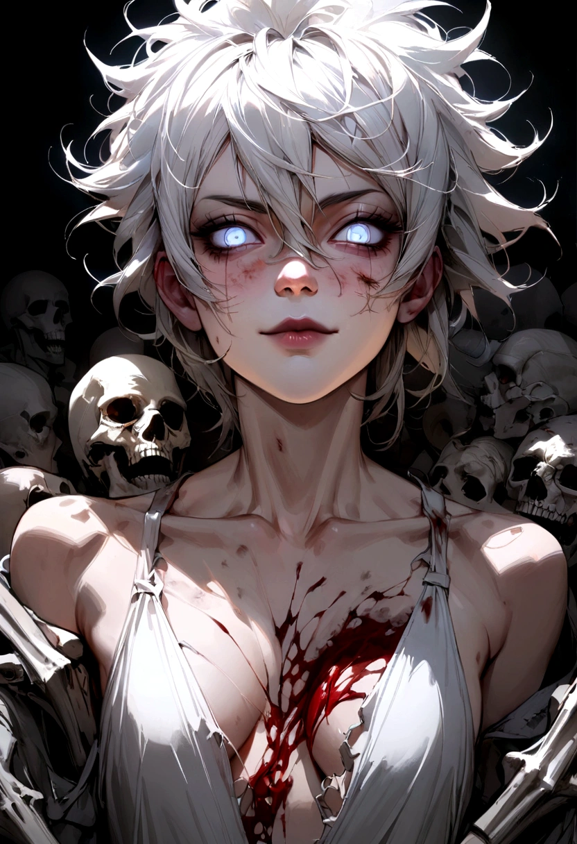 corpse, sinister, male, looking at the camera, ultra realistic, fully detailed, cemetery environment, bright eyes, white dress torn and stained with blood, bones exposed, putrid wounds, sensual, terrifying, bruised by the body, exposed fracture in the collarbone, slight smile, super detailed, white eyes,gun shots in the body, Akira Fudo, Devilman Crybaby, Clear eyes,