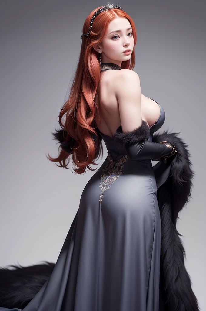 (masterpiece, best quality, cinematic, photorealistic, ultra-detailed), (1girl, Sophie Turner as Sansa Stark:1.2), (wide shot, full body view, from behind:1.5), (wearing Northern Attire, a dark fur-lined cloak over a grey dress with intricate embroidery:1.3), (Long, red hair styled in intricate Northern braids), (blue eyes, soft and shimmery eyeshadows, detailed pupils, defined eyelashes), (blushing, slightly parted lips, cherry lips, fluffy lips), sexy body, perfect hands, (large cleavage, massive tits), sensual pose, (gradient background)