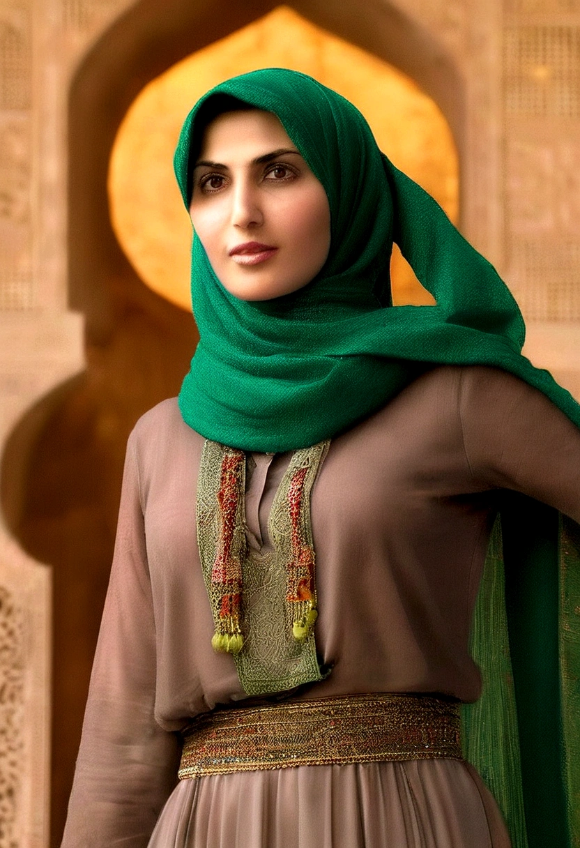 a female with headscarf is standing in front of a Giant Iranian Mullah