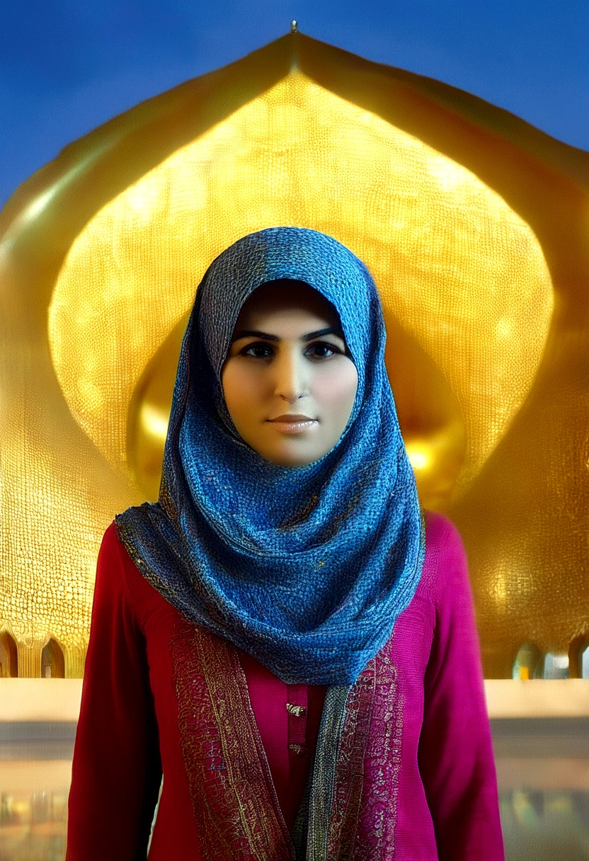 a female with headscarf is standing in front of a Giant Iranian Mullah