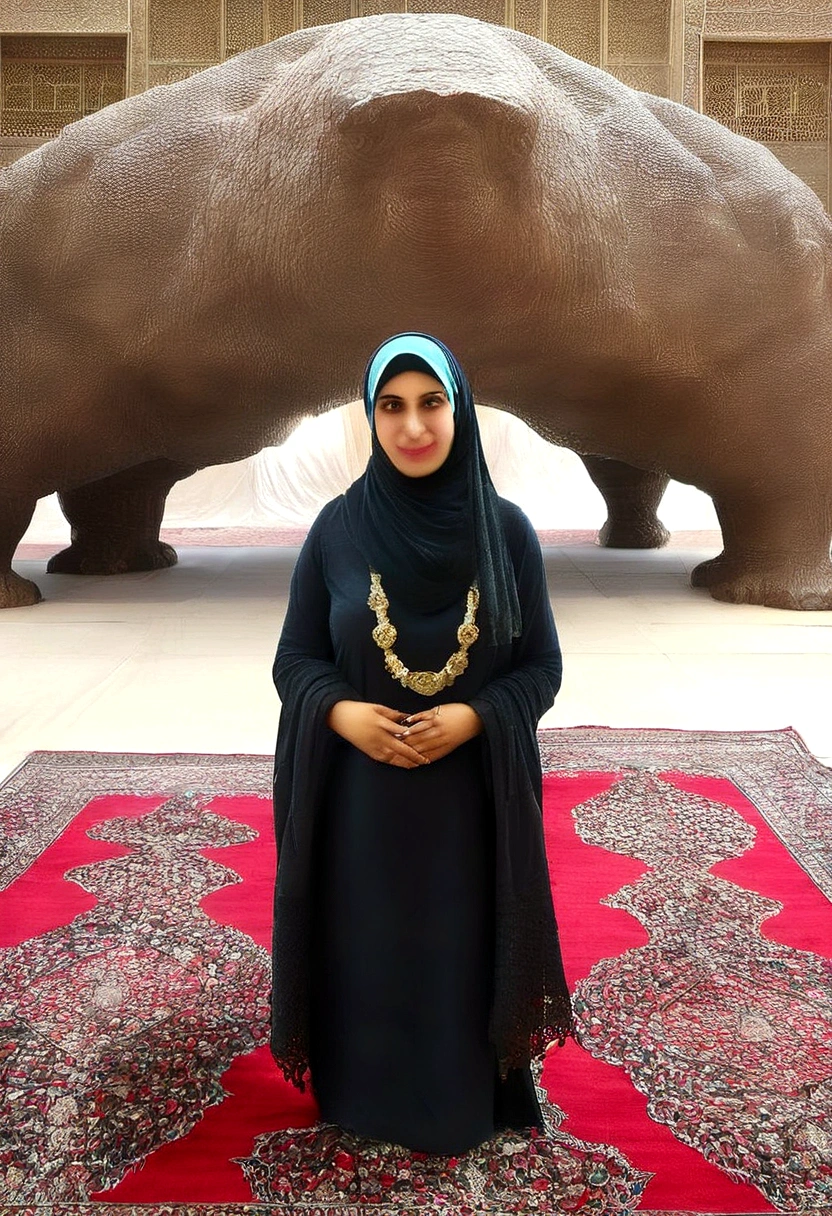 a female with headscarf is standing in front of a Giant Iranian Mullah