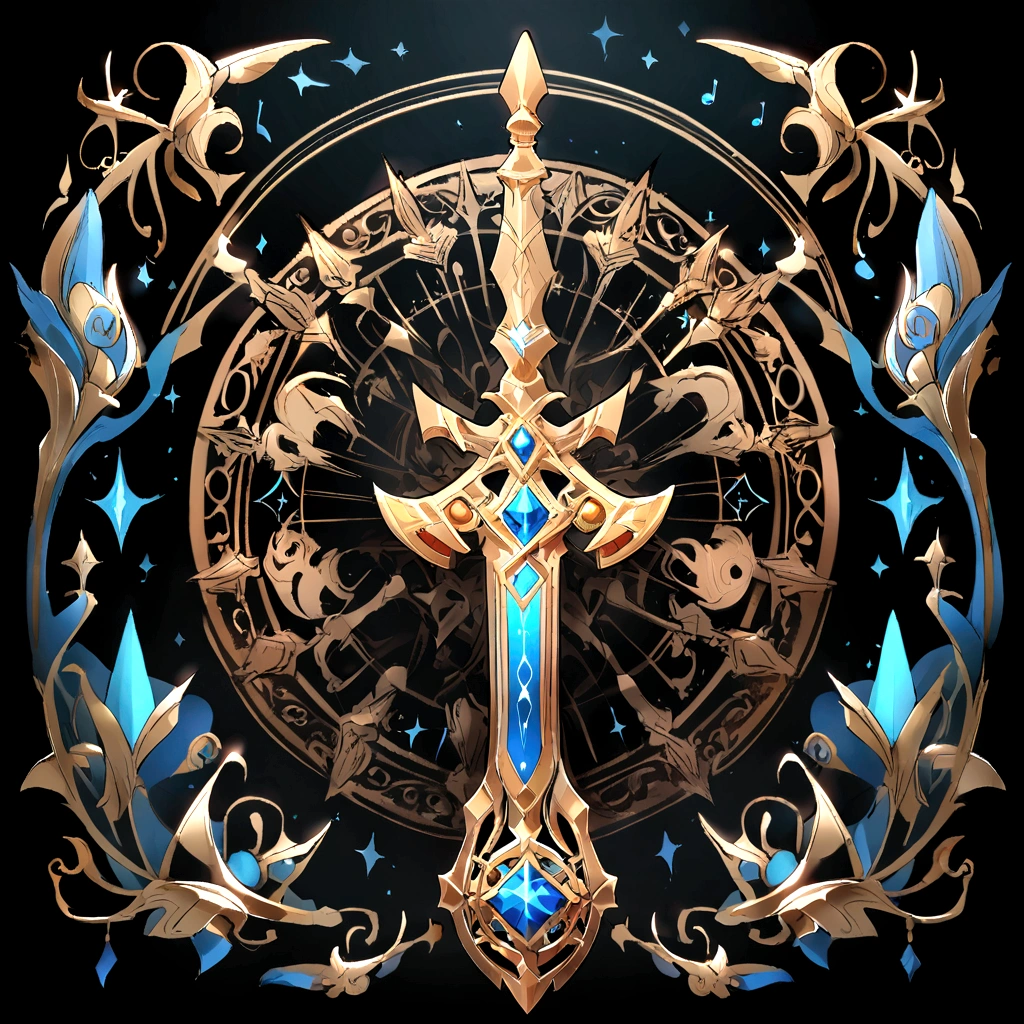 （UI interface design for game achievement badges），silver sword，Flat 2D effect，musical notes,Sword and magic, color blue, black background