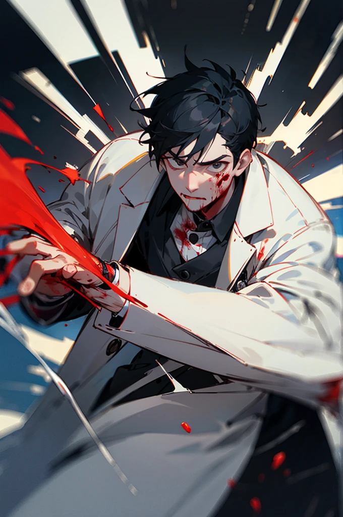 best quality,Black Hair,Doctor coat,Cold Blooded,Killer,scalpel,Dark Background,Uncle,Vicissitudes,male,blood
