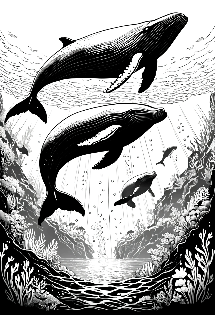 The underwater world，Humpback whales，Black and white line drawing，Line Art