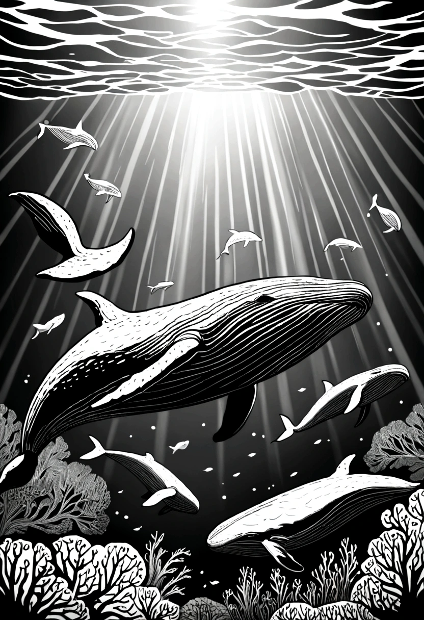 The underwater world，Humpback whales，Black and white line drawing，Line Art