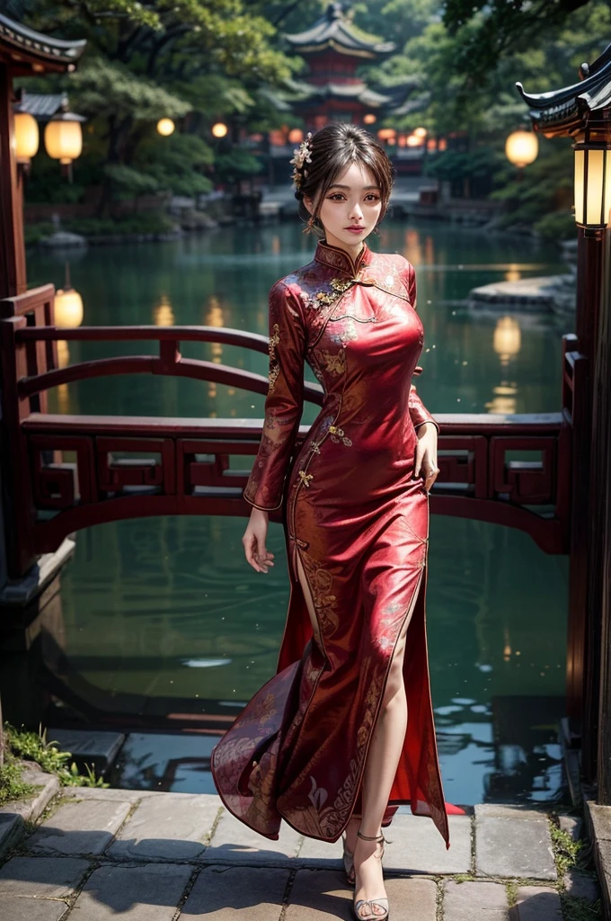 Create a highly detailed and elegant Cheongsam (Qipao) design. The dress should feature intricate floral embroidery, traditional Chinese patterns, and a high collar. The fabric should be silky and glossy, with a rich, deep red color that symbolizes good fortune. Add gold accents and trim to enhance the luxurious feel. The Cheongsam should be form-fitting, highlighting the wearer's figure gracefully, with side slits for ease of movement. Include delicate buttons along the side and an overall sophisticated, timeless look.
Place the model wearing the Cheongsam in a beautiful background setting. The background should feature a traditional Chinese garden with blooming cherry blossoms, a tranquil pond with koi fish, and a graceful arched bridge. Add elements like lanterns hanging from trees and a pagoda in the distance to complete the scene. Ensure the lighting is soft and warm, creating a serene and enchanting atmosphere.