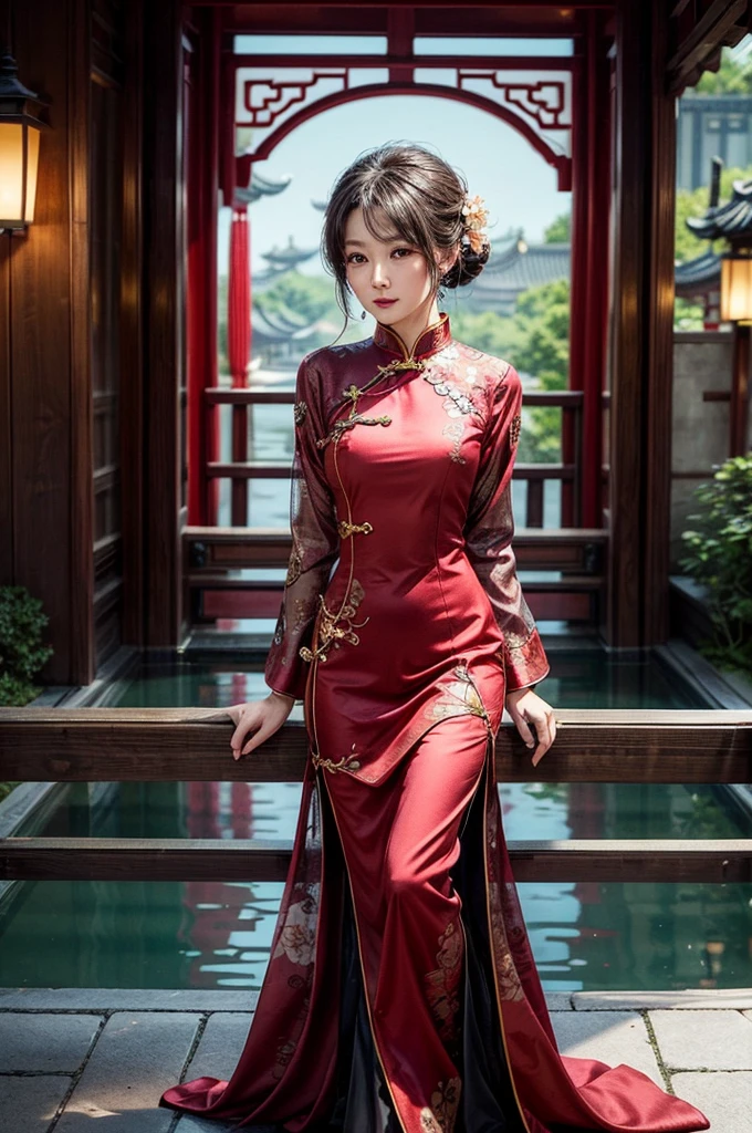 Create a highly detailed and elegant Cheongsam (Qipao) design. The dress should feature intricate floral embroidery, traditional Chinese patterns, and a high collar. The fabric should be silky and glossy, with a rich, deep red color that symbolizes good fortune. Add gold accents and trim to enhance the luxurious feel. The Cheongsam should be form-fitting, highlighting the wearer's figure gracefully, with side slits for ease of movement. Include delicate buttons along the side and an overall sophisticated, timeless look.
Place the model wearing the Cheongsam in a beautiful background setting. The background should feature a traditional Chinese garden with blooming cherry blossoms, a tranquil pond with koi fish, and a graceful arched bridge. Add elements like lanterns hanging from trees and a pagoda in the distance to complete the scene. Ensure the lighting is soft and warm, creating a serene and enchanting atmosphere.