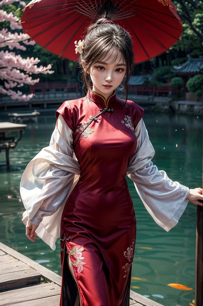 Create a highly detailed and elegant Cheongsam (Qipao) design. The dress should feature intricate floral embroidery, traditional Chinese patterns, and a high collar. The fabric should be silky and glossy, with a rich, deep red color that symbolizes good fortune. Add gold accents and trim to enhance the luxurious feel. The Cheongsam should be form-fitting, highlighting the wearer's figure gracefully, with side slits for ease of movement. Include delicate buttons along the side and an overall sophisticated, timeless look.
Place the model wearing the Cheongsam in a beautiful background setting. The background should feature a traditional Chinese garden with blooming cherry blossoms, a tranquil pond with koi fish, and a graceful arched bridge. Add elements like lanterns hanging from trees and a pagoda in the distance to complete the scene. Ensure the lighting is soft and warm, creating a serene and enchanting atmosphere.