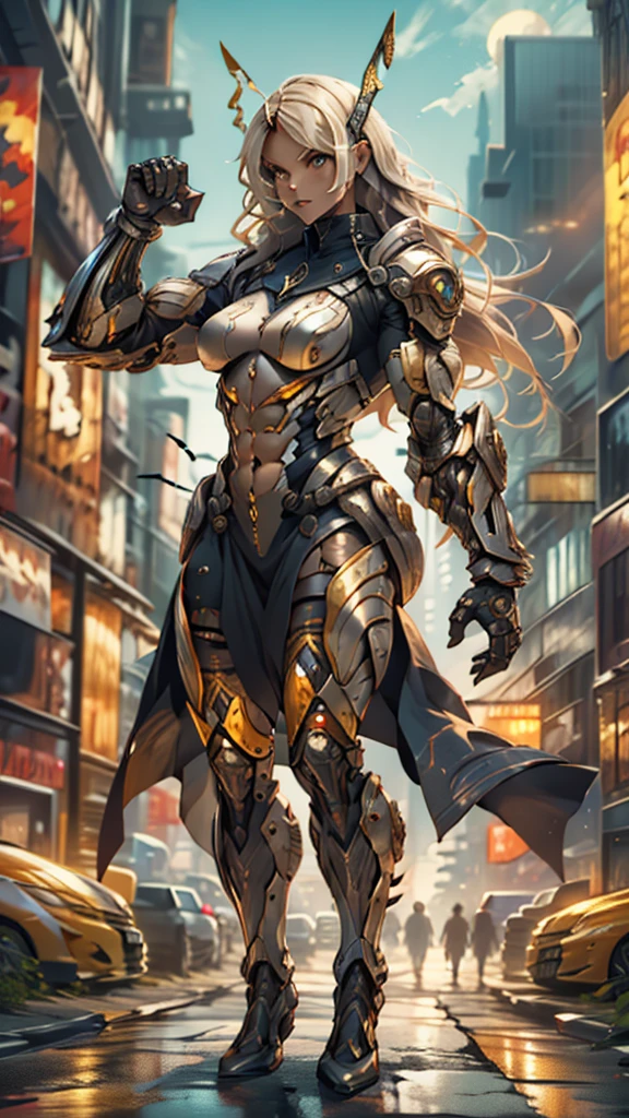 score_9, score_8_up, score_7_up, score_6_up, score_5_up, score_4_up, (1girl), solo, ((insect-like antennae)), medium breasts, athletic, view of full body, alien armor, bionic hands, beautiful, female, vector, cute, natural light, long blonde hair, muscular, (holding a revolver in each hand)