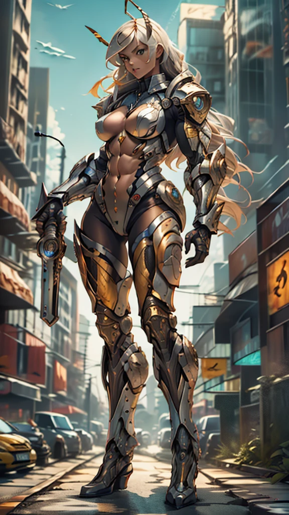 score_9, score_8_up, score_7_up, score_6_up, score_5_up, score_4_up, (1girl), solo, ((insect-like antennae)), medium breasts, athletic, view of full body, alien armor, bionic hands, beautiful, female, vector, cute, natural light, long blonde hair, muscular, (holding a revolver in each hand)