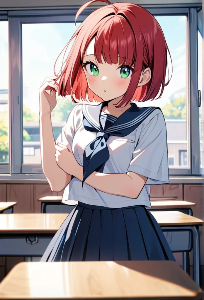 1girl 15 years old,rubyred hair,bowlcut hair,half circle ahoge,blue green eyes,serafuku,classroom