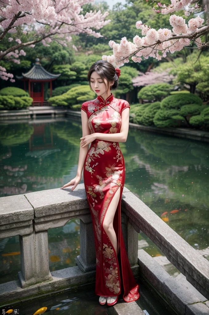 Create a highly detailed and elegant Cheongsam (Qipao) design. The dress should feature intricate floral embroidery, traditional Chinese patterns, and a high collar. The fabric should be silky and glossy, with a rich, deep red color that symbolizes good fortune. Add gold accents and trim to enhance the luxurious feel. The Cheongsam should be form-fitting, highlighting the wearer's figure gracefully, with side slits for ease of movement. Include delicate buttons along the side and an overall sophisticated, timeless look. 

Place the model wearing the Cheongsam in a beautiful background setting. The background should feature a traditional Chinese garden with blooming cherry blossoms, a tranquil pond with koi fish, and a graceful arched bridge. Add elements like lanterns hanging from trees and a pagoda in the distance to complete the scene. Ensure the lighting is soft and warm, creating a serene and enchanting atmosphere.
