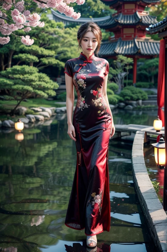 Create a highly detailed and elegant Cheongsam (Qipao) design. The dress should feature intricate floral embroidery, traditional Chinese patterns, and a high collar. The fabric should be silky and glossy, with a rich, deep red color that symbolizes good fortune. Add gold accents and trim to enhance the luxurious feel. The Cheongsam should be form-fitting, highlighting the wearer's figure gracefully, with side slits for ease of movement. Include delicate buttons along the side and an overall sophisticated, timeless look.
Place the model wearing the Cheongsam in a beautiful background setting. The background should feature a traditional Chinese garden with blooming cherry blossoms, a tranquil pond with koi fish, and a graceful arched bridge. Add elements like lanterns hanging from trees and a pagoda in the distance to complete the scene. Ensure the lighting is soft and warm, creating a serene and enchanting atmosphere.