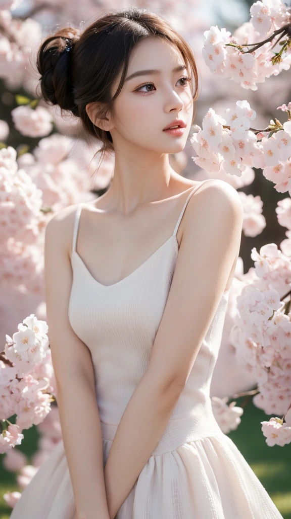 (masterpiece:1.3), (8k, Photoreal, RAW photo, best image quality: 1.4), (beautiful cherry blossom scenery,Walking along the cherry blossom trees),Instagram beauty,20 year old girl、(stylish knit dress)(random hairstyle:1.2)、super detail face、pay attention to details、double eyelid、sharp focus:1.2、Beautiful woman:1.4、light brown hair、highest quality、masterpiece、(Photoreal:1.4)、Highly detailed and professional lighting、Fashion Model、serious expression、short hair、transparent skin、random pose、shining hair