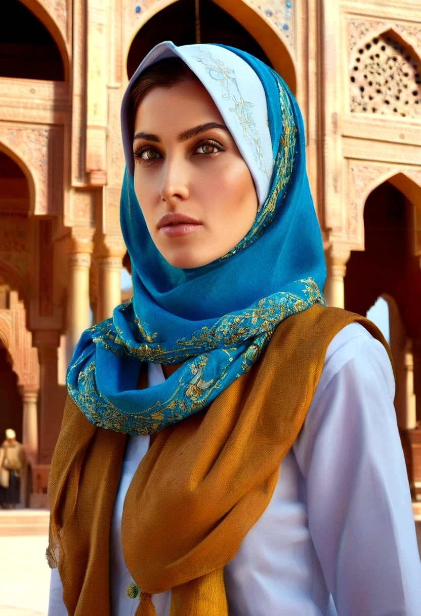 stunning detailed portrait of a woman wearing a headscarf, beautiful intricate hijab, serene expression, standing in front of a towering Iranian mullah figure, dramatic architectural backdrop, ornate traditional Iranian architecture, warm light, vibrant colors, cinematic composition, photorealistic, masterpiece, (best quality,8k,hyperrealistic,ultra-detailed:1.2),(realistic,photo-realistic:1.4),award winning portrait photography