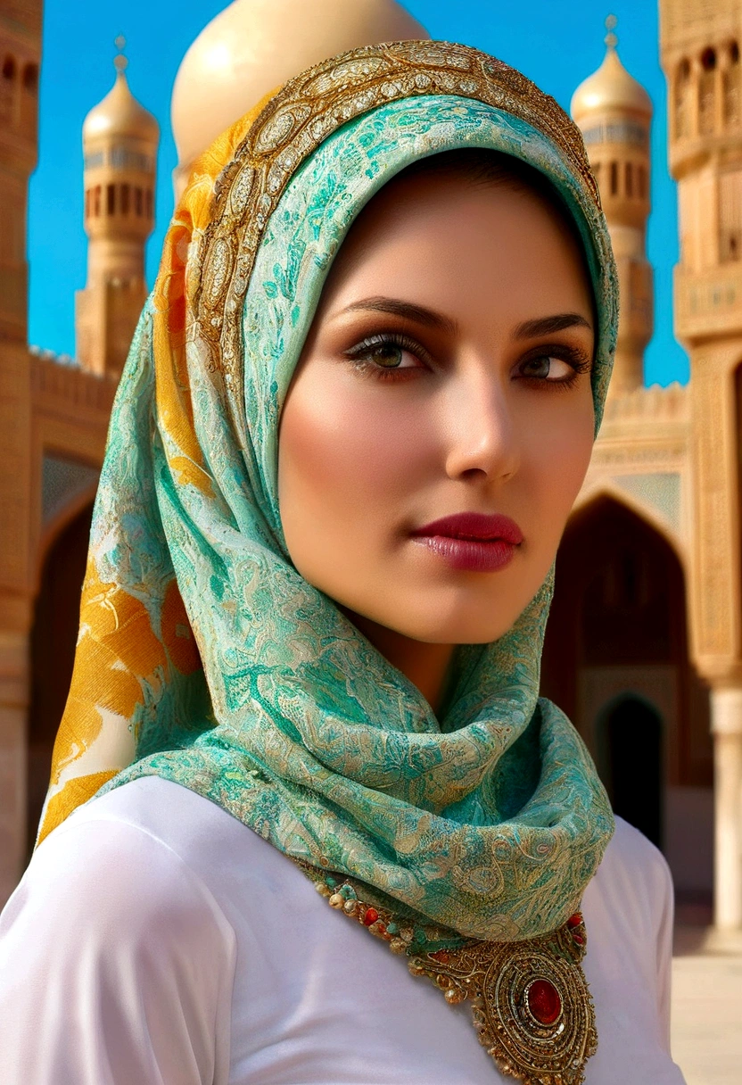 stunning detailed portrait of a woman wearing a headscarf, beautiful intricate hijab, serene expression, standing in front of a towering Iranian mullah figure, dramatic architectural backdrop, ornate traditional Iranian architecture, warm light, vibrant colors, cinematic composition, photorealistic, masterpiece, (best quality,8k,hyperrealistic,ultra-detailed:1.2),(realistic,photo-realistic:1.4),award winning portrait photography