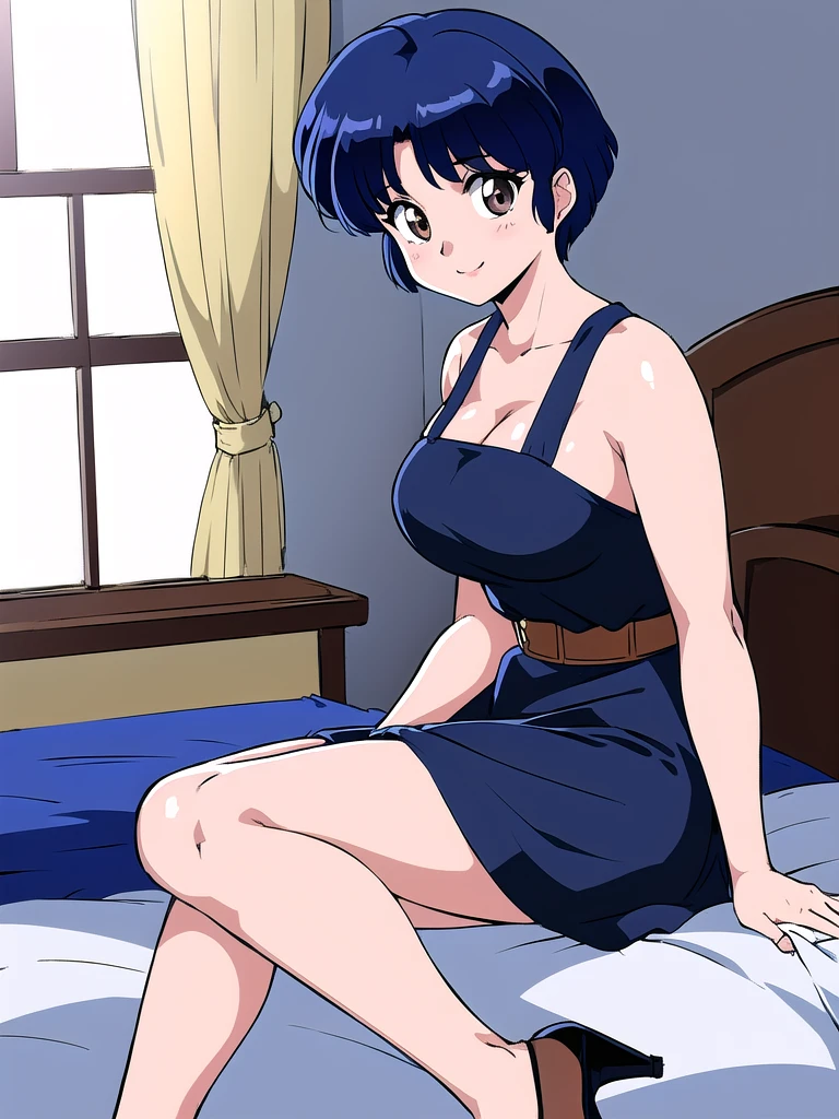 HDR, CG, sharp focus, (8k), (4k), masterpiece, best quality, detailed skin, extremely detailed, hiper detailed, sharp focus, looking at viewer, high quality, AKANE, Akane tendou, short hair, blue hair, brown eyes ,curtain pelvic DRESS, tetas grandes bush, solo, 1girl, sit on BED, BEDROOM background, hands on chest, heels, black dress, cute smile,