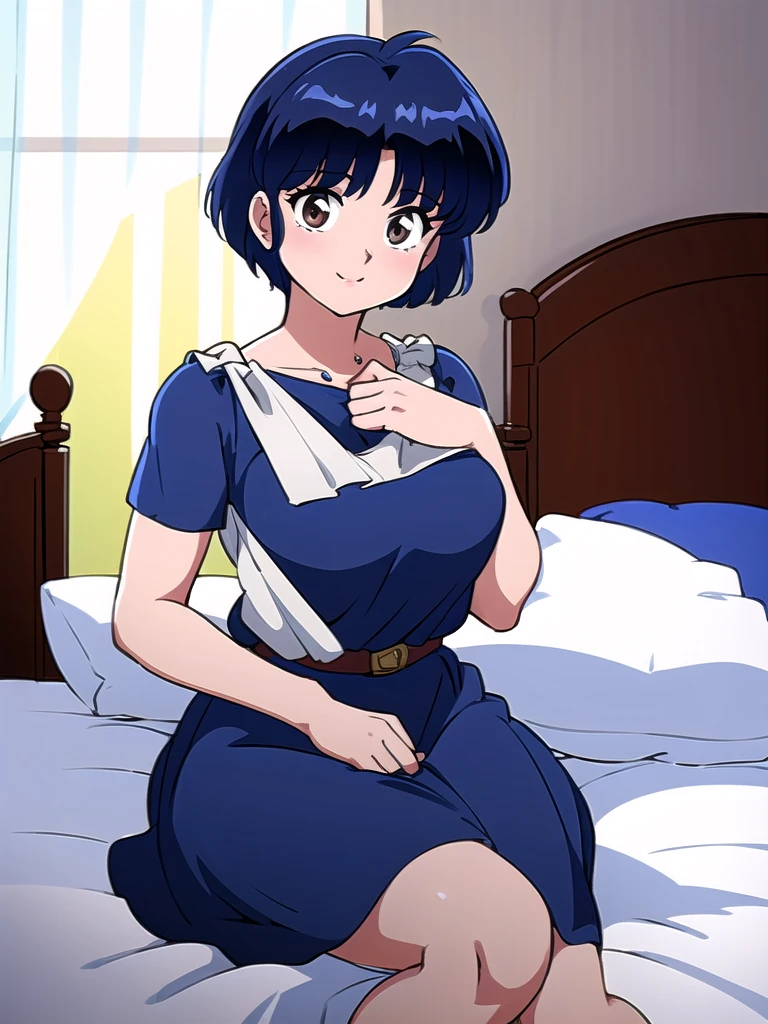 HDR, CG, sharp focus, (8k), (4k), masterpiece, best quality, detailed skin, extremely detailed, hiper detailed, sharp focus, looking at viewer, high quality, AKANE, Akane tendou, short hair, blue hair, brown eyes ,curtain pelvic DRESS, tetas grandes bush, solo, 1girl, sit on BED, BEDROOM background, hands on chest, heels, black dress, cute smile,  
