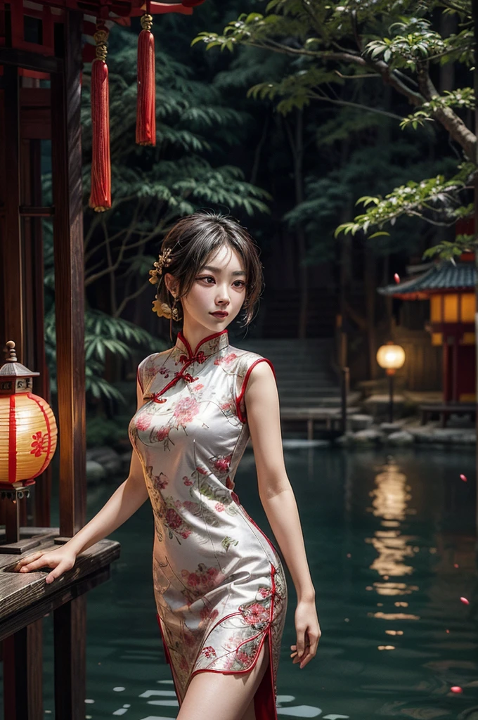 Create a highly detailed and elegant Cheongsam (Qipao) design. The dress should feature intricate floral embroidery, traditional Chinese patterns, and a high collar. The fabric should be silky and glossy, with a rich, deep red color that symbolizes good fortune. Add gold accents and trim to enhance the luxurious feel. The Cheongsam should be form-fitting, highlighting the wearer's figure gracefully, with side slits for ease of movement. Include delicate buttons along the side and an overall sophisticated, timeless look.
Place the model wearing the Cheongsam in a beautiful background setting. The background should feature a traditional Chinese garden with blooming cherry blossoms, a tranquil pond with koi fish, and a graceful arched bridge. Add elements like lanterns hanging from trees and a pagoda in the distance to complete the scene. Ensure the lighting is soft and warm, creating a serene and enchanting atmosphere.