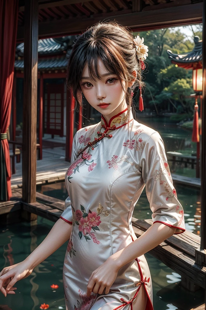 Create a highly detailed and elegant Cheongsam (Qipao) design. The dress should feature intricate floral embroidery, traditional Chinese patterns, and a high collar. The fabric should be silky and glossy, with a rich, deep red color that symbolizes good fortune. Add gold accents and trim to enhance the luxurious feel. The Cheongsam should be form-fitting, highlighting the wearer's figure gracefully, with side slits for ease of movement. Include delicate buttons along the side and an overall sophisticated, timeless look.
Place the model wearing the Cheongsam in a beautiful background setting. The background should feature a traditional Chinese garden with blooming cherry blossoms, a tranquil pond with koi fish, and a graceful arched bridge. Add elements like lanterns hanging from trees and a pagoda in the distance to complete the scene. Ensure the lighting is soft and warm, creating a serene and enchanting atmosphere.