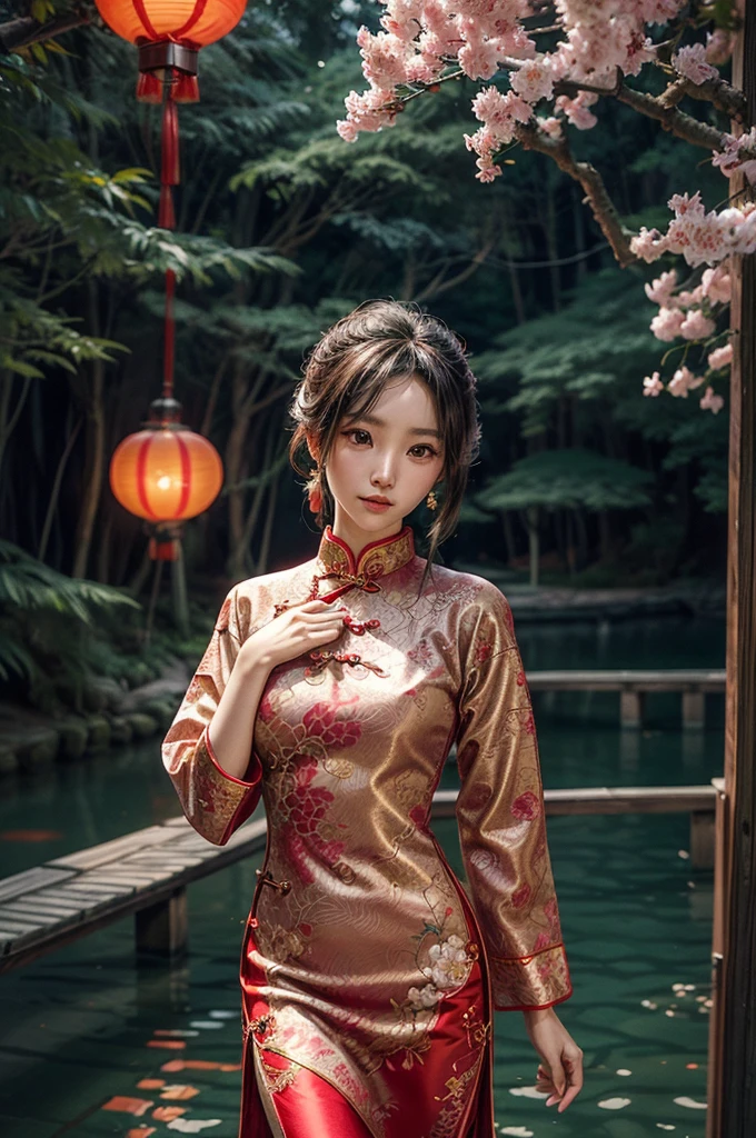 Create a highly detailed and elegant Cheongsam (Qipao) design. The dress should feature intricate floral embroidery, traditional Chinese patterns, and a high collar. The fabric should be silky and glossy, with a rich, deep red color that symbolizes good fortune. Add gold accents and trim to enhance the luxurious feel. The Cheongsam should be form-fitting, highlighting the wearer's figure gracefully, with side slits for ease of movement. Include delicate buttons along the side and an overall sophisticated, timeless look.
Place the model wearing the Cheongsam in a beautiful background setting. The background should feature a traditional Chinese garden with blooming cherry blossoms, a tranquil pond with koi fish, and a graceful arched bridge. Add elements like lanterns hanging from trees and a pagoda in the distance to complete the scene. Ensure the lighting is soft and warm, creating a serene and enchanting atmosphere.