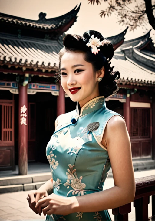 Vintage style, 1940s, 1 girl, Solitary, monochrome, Hair accessories, Cheongsam, a traditional Chinese costume, curls, traditional media, bangs, cosmetic, Black Hair, Lipstick, Lace gloves, sleeveless, Ancient buildings, Wooden construction, vintage, nostalgia, elegant posture, Smile, Shadows and Highlights，Subtle vintage grain。