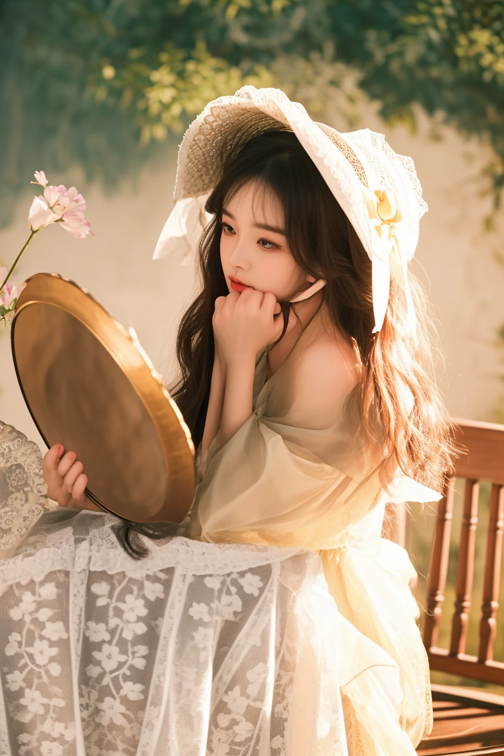 there is a woman sitting on a bench with a hat on, portrait shot, romanticism portrait, with a mirror, rococo style portrait, chinese girl, chinese woman, beauty woman, beautiful portrait photo, looking into a mirror, looking in a mirror, a beautiful victorian woman, beautiful portrait image, traditional beauty, beautiful young korean woman, beautiful south korean woman