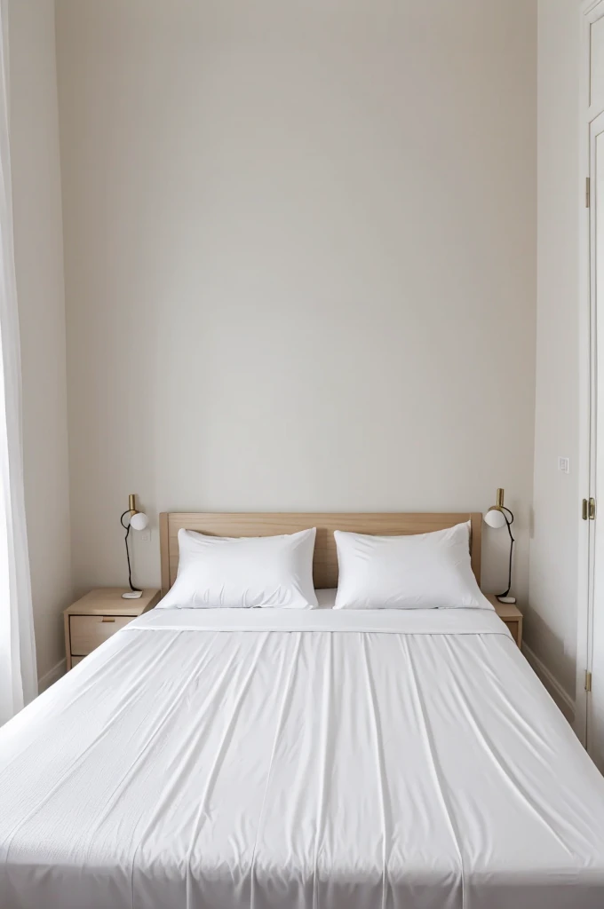 Bedroom with double bed and white sheet
