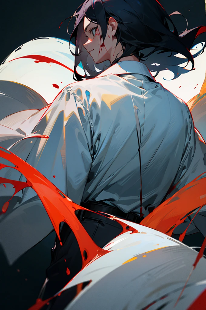 best quality，Black Hair，Doctor coat，Cold Blooded，Killer，scalpel，Dark Background，Uncle，Vicissitudes，male，blood，Back